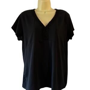 Faded Glory 2X Black Knit Top Lace Trim V-Neck Casual